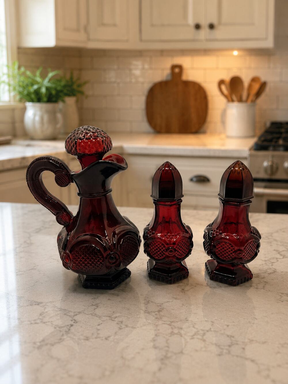 Vintage Avon Cape Cod Ruby Red Glass Salt & Pepper Shakers Oil Cruet Set